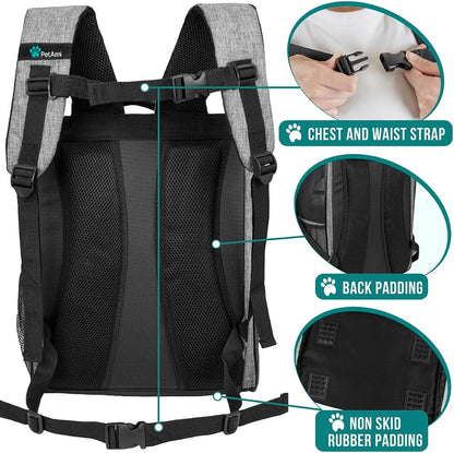 Pet Backpack Carrier for Small to Medium Dogs and Large Cats up to 18 lbs, Dual Side Entry, Structured Frame, Airline Approved Ventilated Design for Hiking and Travel, Grey