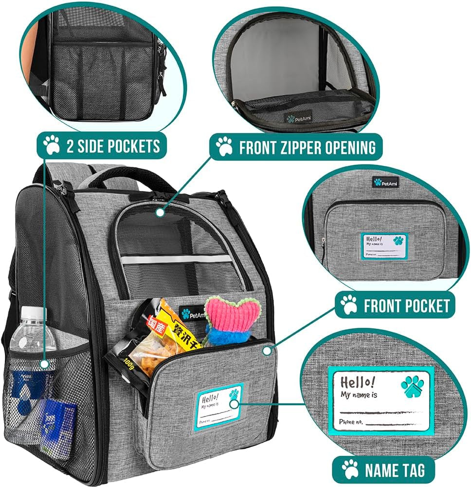 Pet Backpack Carrier for Small to Medium Dogs and Large Cats up to 18 lbs, Dual Side Entry, Structured Frame, Airline Approved Ventilated Design for Hiking and Travel, Grey
