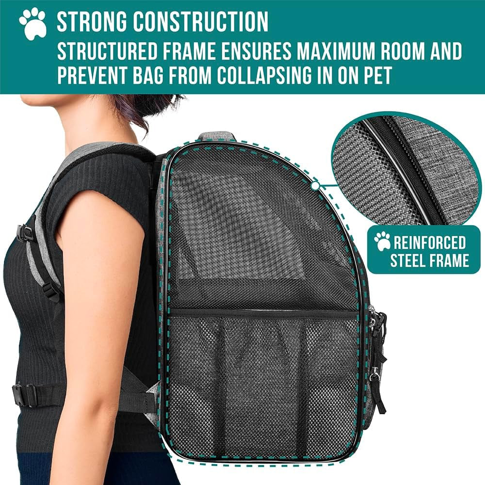 Pet Backpack Carrier for Small to Medium Dogs and Large Cats up to 18 lbs, Dual Side Entry, Structured Frame, Airline Approved Ventilated Design for Hiking and Travel, Grey
