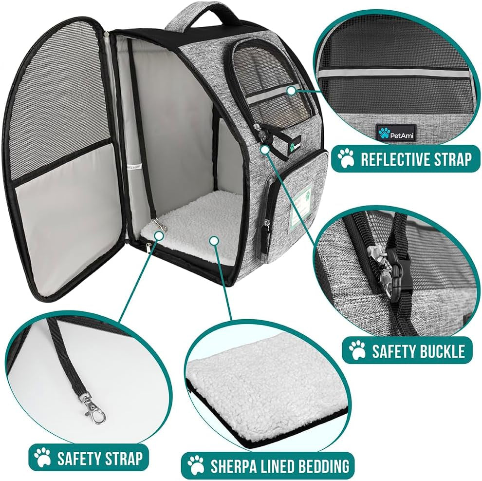 Pet Backpack Carrier for Small to Medium Dogs and Large Cats up to 18 lbs, Dual Side Entry, Structured Frame, Airline Approved Ventilated Design for Hiking and Travel, Grey