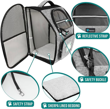 Pet Backpack Carrier for Small to Medium Dogs and Large Cats up to 18 lbs, Dual Side Entry, Structured Frame, Airline Approved Ventilated Design for Hiking and Travel, Grey