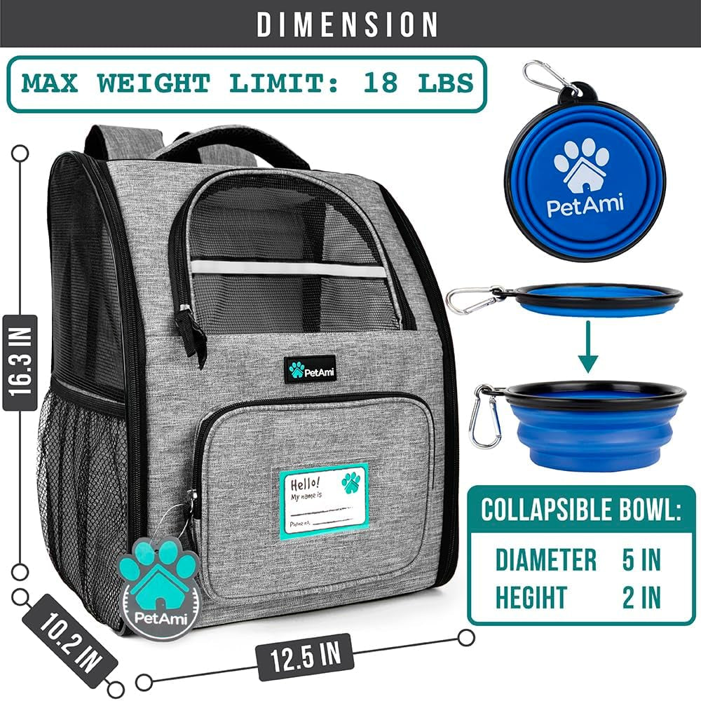 Pet Backpack Carrier for Small to Medium Dogs and Large Cats up to 18 lbs, Dual Side Entry, Structured Frame, Airline Approved Ventilated Design for Hiking and Travel, Grey