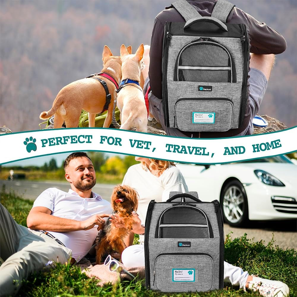 Pet Backpack Carrier for Small to Medium Dogs and Large Cats up to 18 lbs, Dual Side Entry, Structured Frame, Airline Approved Ventilated Design for Hiking and Travel, Grey